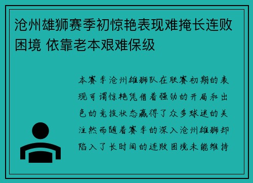 沧州雄狮赛季初惊艳表现难掩长连败困境 依靠老本艰难保级